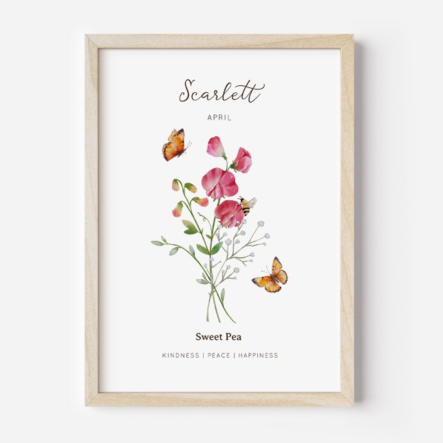 Affiche de fleur de naissance du mois de pois de s (Example of sweet pea birth flower poster once framed. )