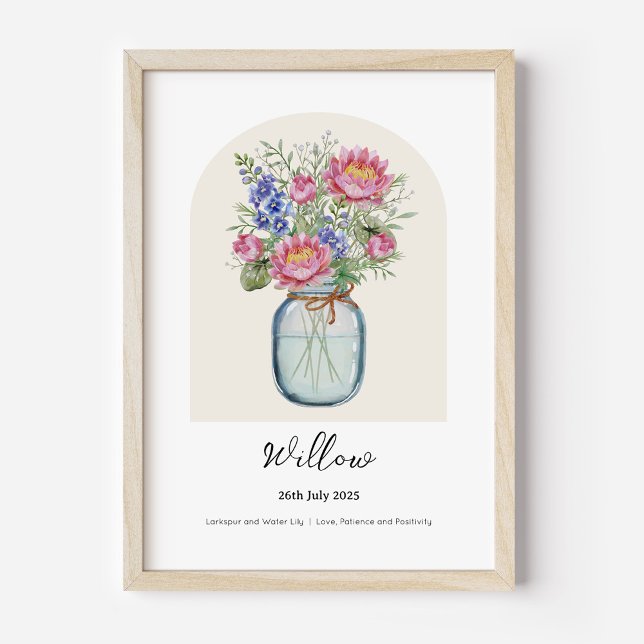 Affiche de fleur de naissance du mois du nénuphar  (Personalised July Birth Month Flower Bouquet in Vase Poster | Larkspur and Water Lily.)