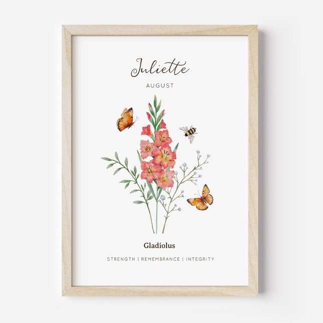 Affiche de fleur de naissance Gladiolus (Example of gladiolus birth flower poster once framed. )