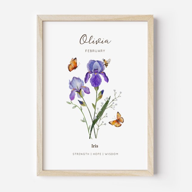 Affiche de fleur de naissance Iris (Example of iris birth flower poster once framed. )