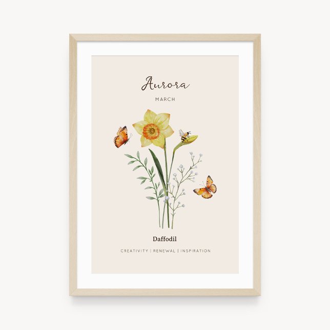 Affiche de fleur de naissance jonquille (Example of daffodil birth flower poster once framed. )