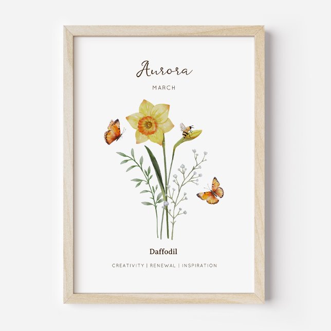 Affiche de fleur de naissance jonquille (Example of daffodil birth flower poster once framed. )