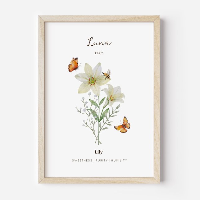 Affiche de fleur de naissance Lily (Example of lily birth flower poster once framed. )