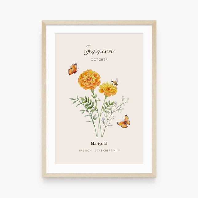 Affiche de fleur de naissance Marigold (Example of marigold birth flower poster once framed. )