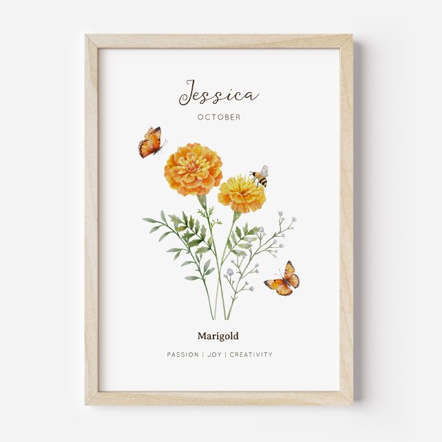 Affiche de fleur de naissance Marigold (Example of marigold birth flower poster once framed. )