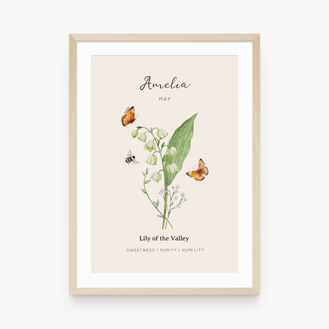 Affiche de fleur de naissance Muguet (Example of lily of the valley birth flower poster once framed. )