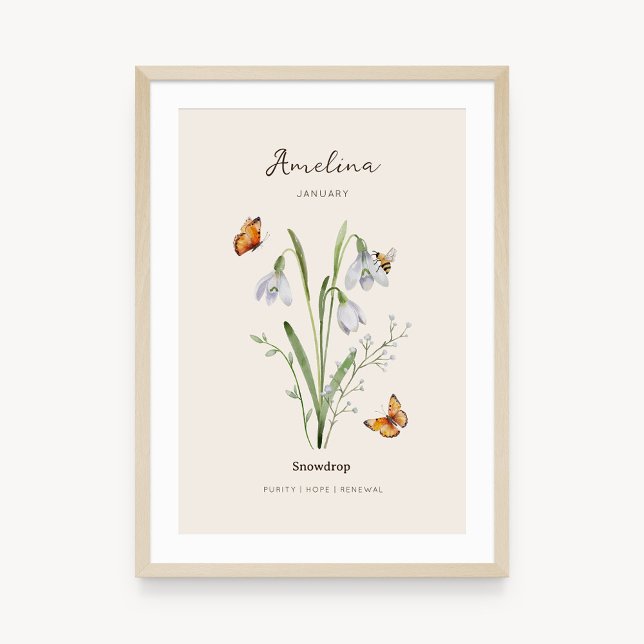 Affiche de fleur de naissance perce-neige (Example of snowdrop birth flower poster once framed. )