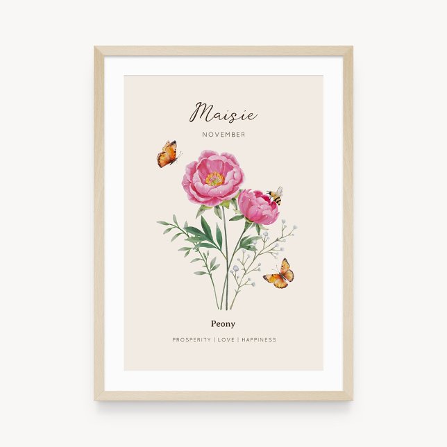 Affiche de fleur de naissance Pivoine (Example of peony birth flower poster once framed. )