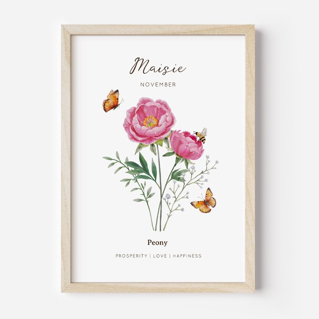 Affiche de fleur de naissance Pivoine (Example of peony birth flower poster once framed. )