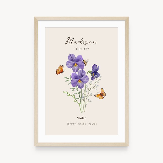Affiche de fleur de naissance violette (Example of violet birth flower poster once framed. )