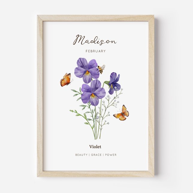 Affiche de fleur de naissance violette (Example of violet birth flower poster once framed. )