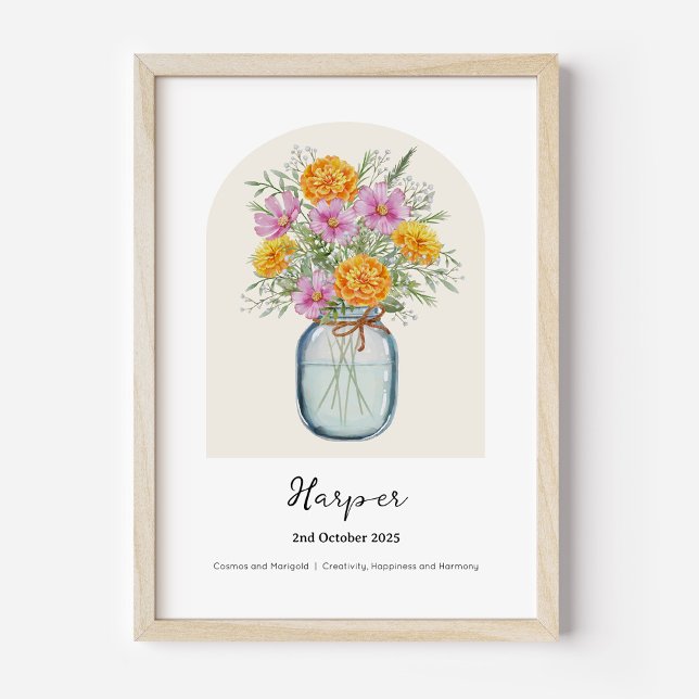 Affiche de fleur du mois de naissance de Cosmos Ma (Personalised October Birth Month Flower Bouquet in Vase Poster | Cosmos and Marigold.)