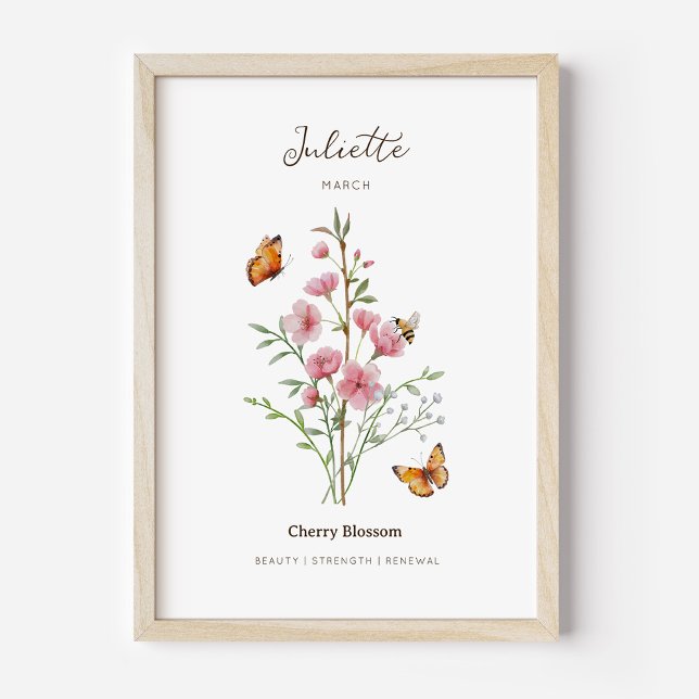 Affiche de fleurs de naissance de cerisier en fleu (Example of cherry blossom birth flower poster once framed. )