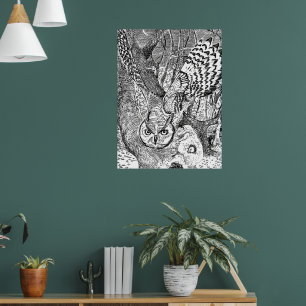 Affiche de forêt de hibou volant, nature en noir e