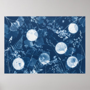 Affiche de fougère de ginkgo de cyanotype d'indigo