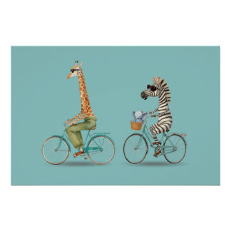 Affiche de girafe et de zèbre cyclistes ludiques
