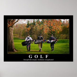 Affiche de golf avec trois amis marchant vers