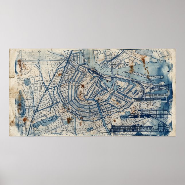Affiche de grandes lignes de carte abstraite bleue (Devant)