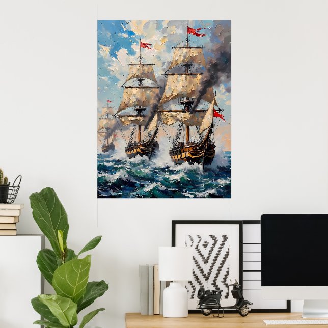Affiche De grands navires sur une mer qui fait rage (Bureau à domicile)