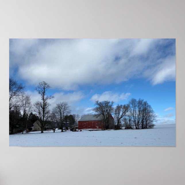 Affiche de grange rouge dans la neige (Devant)