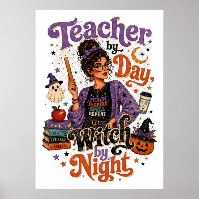 Affiche de Halloween « Enseignante le jour, Sorciè (Devant)