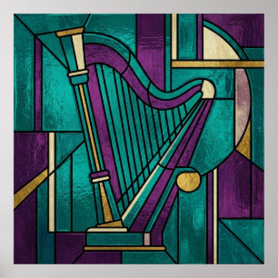 Affiche de harpe en verre teinté abstrait sarcelle