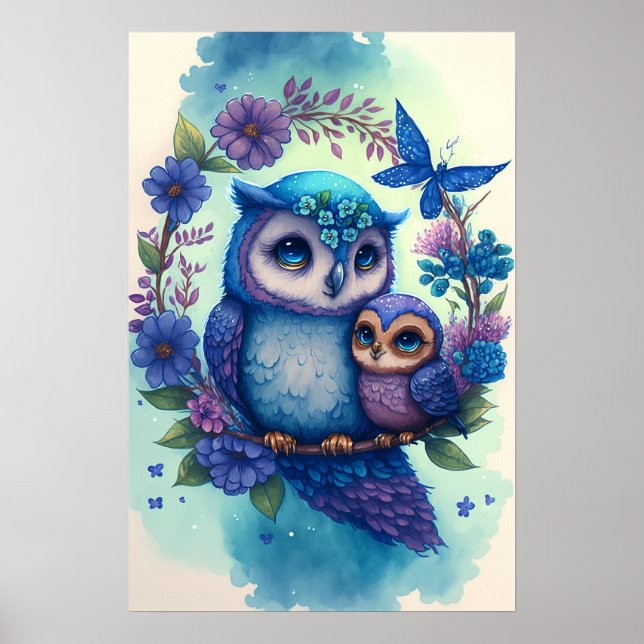 Affiche de hibou maman et bébé - Nestling (Devant)