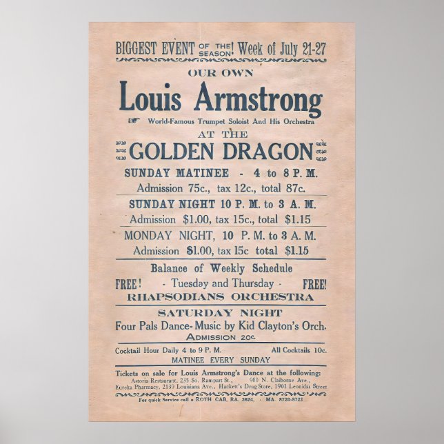Affiche de jazz de Louis Armstrong - Golden Dragon (Devant)