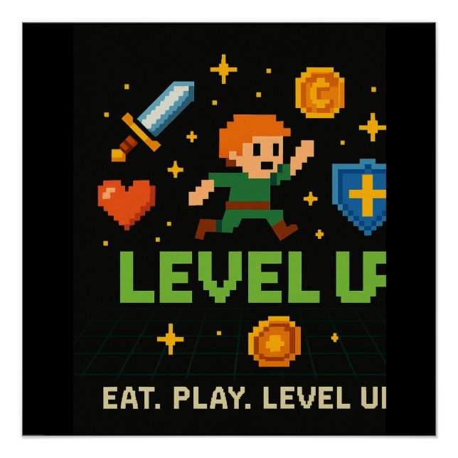 Affiche de joueur « Level Up » – Art de jeu pixel  (Devant)