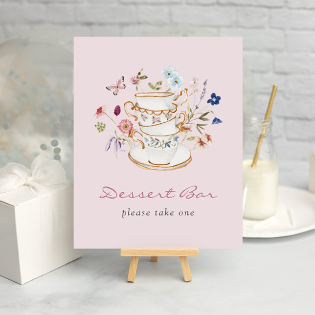 Affiche de la barre de dessert rose (Pink Floral Tea Cup Dessert Bar Poster with Butterfly by Painted Paperie
)