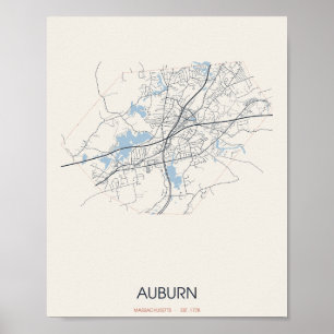 Affiche de la carte de rue d'Auburn Massachusetts