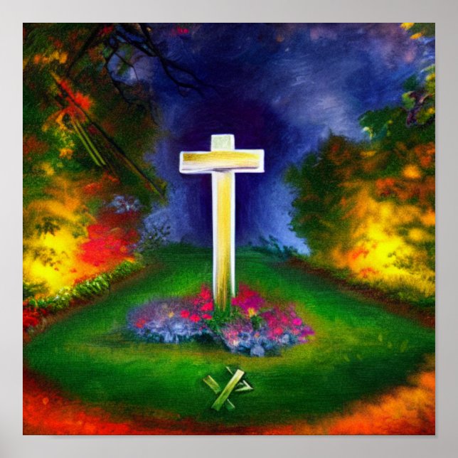 Affiche de la Croix blanche dans un jardin de nuit (Devant)
