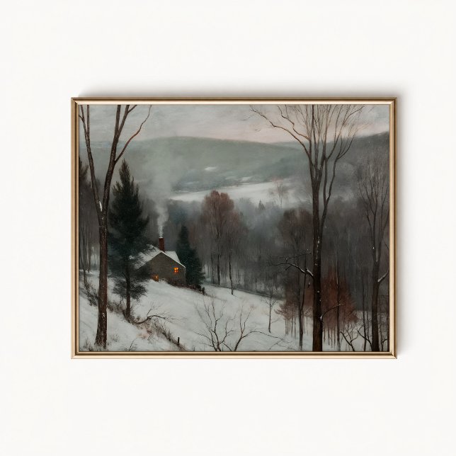Affiche de la Ferme en Pierre Creuse enneigée (Snowy Stone Farmhouse Wall Art Poster - close-up view (frame/decor not included))