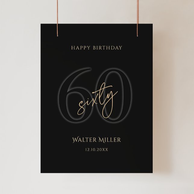 Affiche de la fête d'anniversaire des 60 ans de Bl (Modern Black Gold 60th Birthday Party Poster)