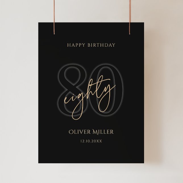Affiche de la fête d'anniversaire des 80 ans de Bl (Modern Black Gold 80th Birthday Party Poster)