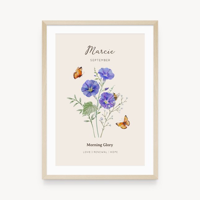 Affiche de la fleur de naissance de Morning Glory (Example of morning glory birth flower poster once framed. )