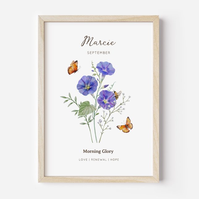 Affiche de la fleur de naissance de Morning Glory (Example of morning glory birth flower poster once framed. )
