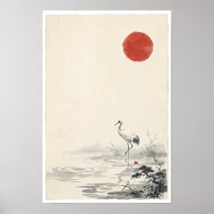 Affiche de la grue blanche sous le soleil rouge   