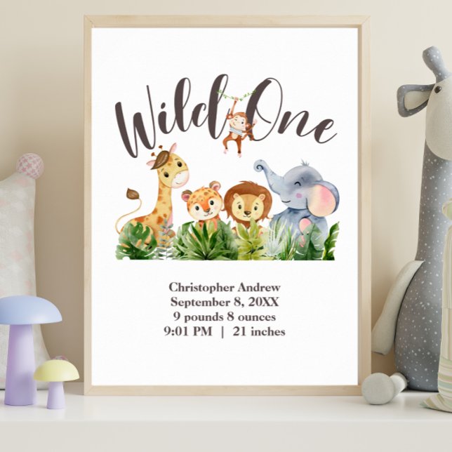 Affiche de la Jungle Safari Naissance d'un Fauve (Wild One Nursery Wall Art Birth Stats Baby Shower Gift)