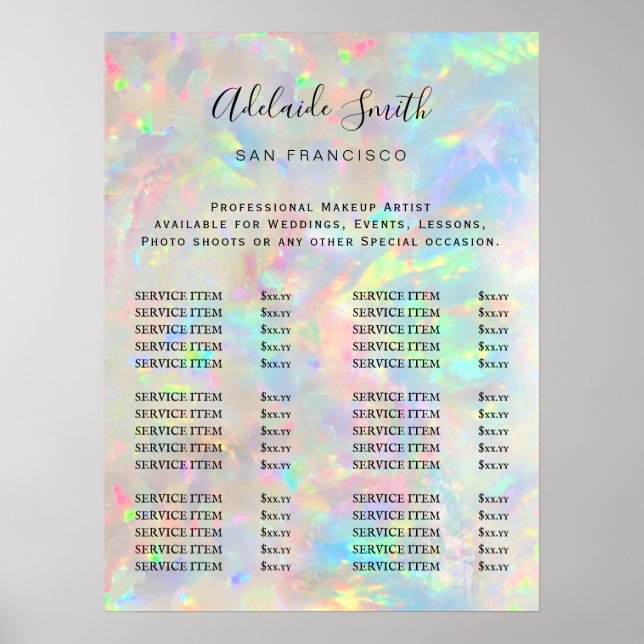 affiche de la liste de prix opal pierre (Devant)