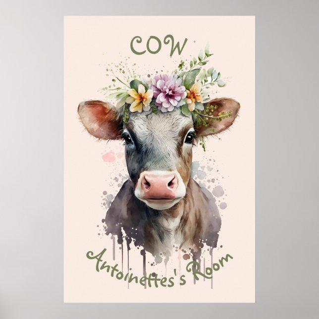 Affiche de la nurserie de la vache à l'aquarelle m (Devant)