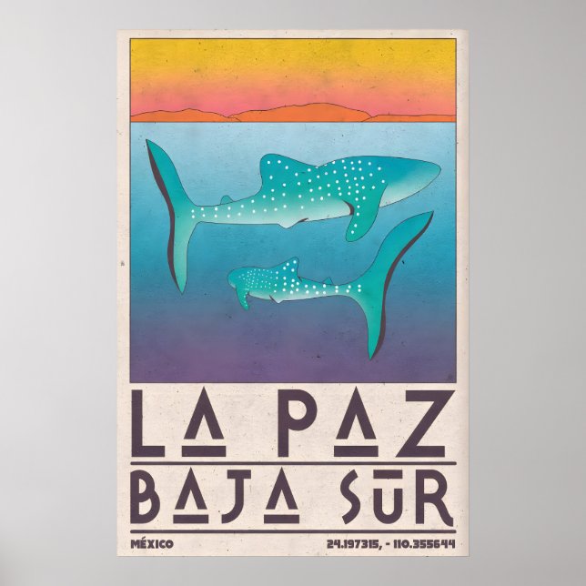 Affiche de La Paz Mexique, Requins Baleines, Bleu  (Devant)