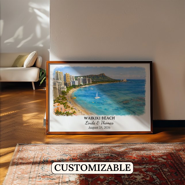Affiche de la plage de Waikiki Hawaii, Aquarelle,  (Créateur téléchargé)