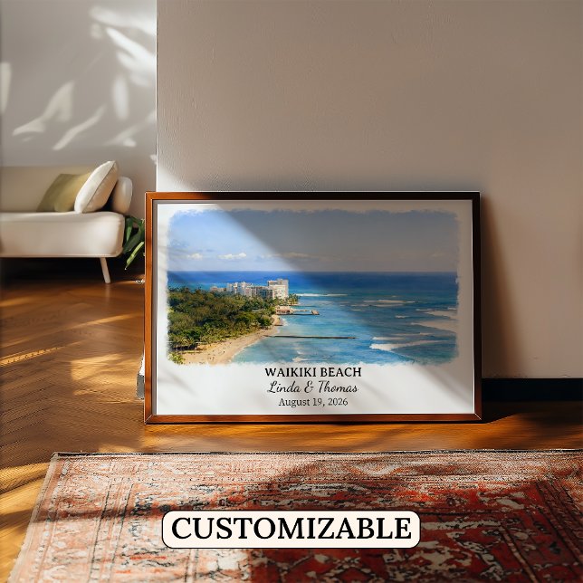 Affiche de la plage de Waikiki Hawaii, Aquarelle,  (Créateur téléchargé)