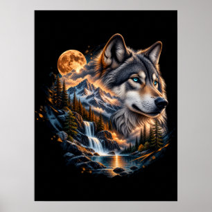Affiche de la pleine lune sauvage du loup majestue