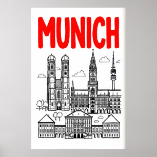 Affiche de la skyline de Munich, titre rouge, cont