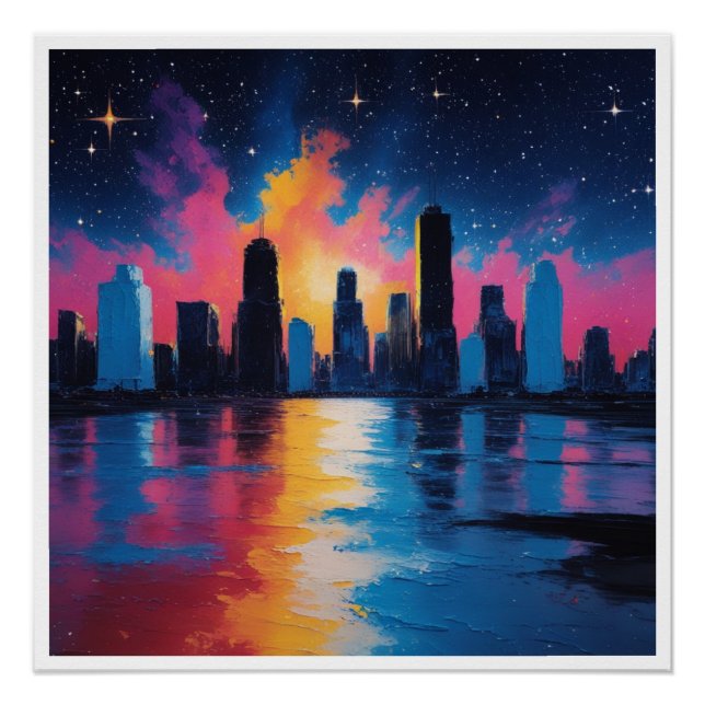 Affiche de la skyline urbaine futuriste au coucher (Devant)
