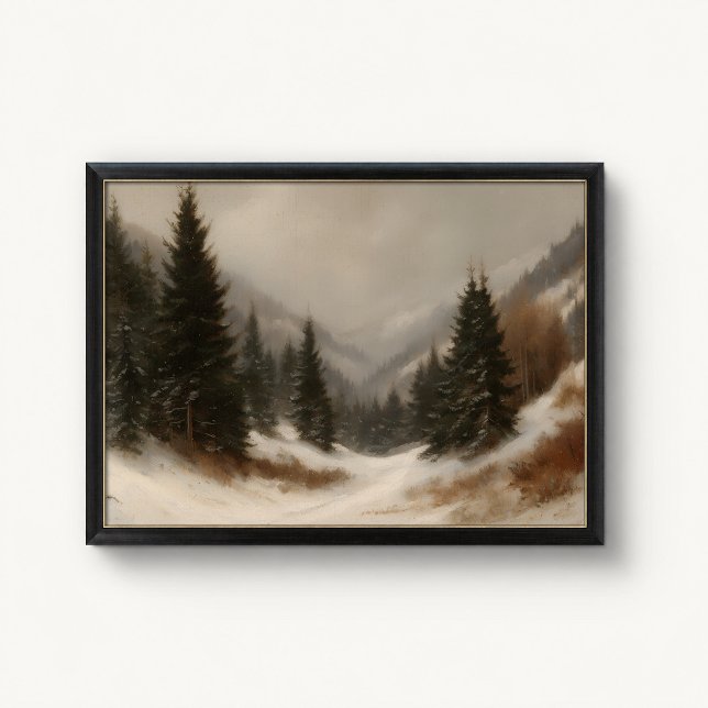 Affiche de la vallée enneigée de Barbizon (Barbizon Snowy Pine Valley Wall Art Poster - close-up view (frame/decor not included))