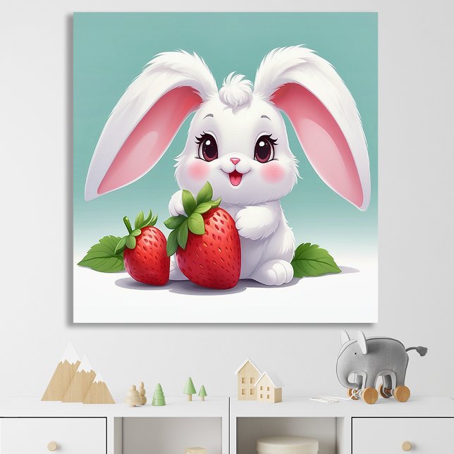 Affiche de lapin blanc mignon tenant des fraises (Créateur téléchargé)
