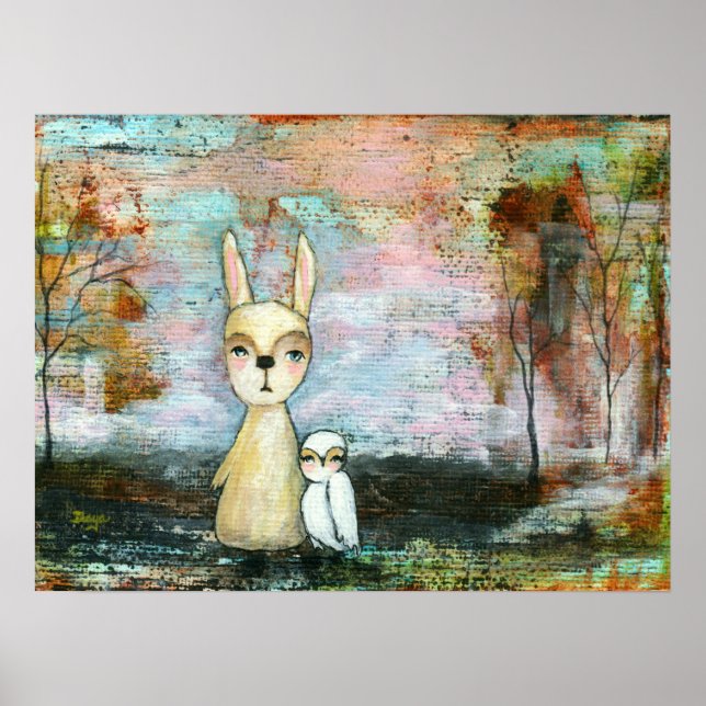 Affiche de lapin et de hibou de bois abstrait (Devant)